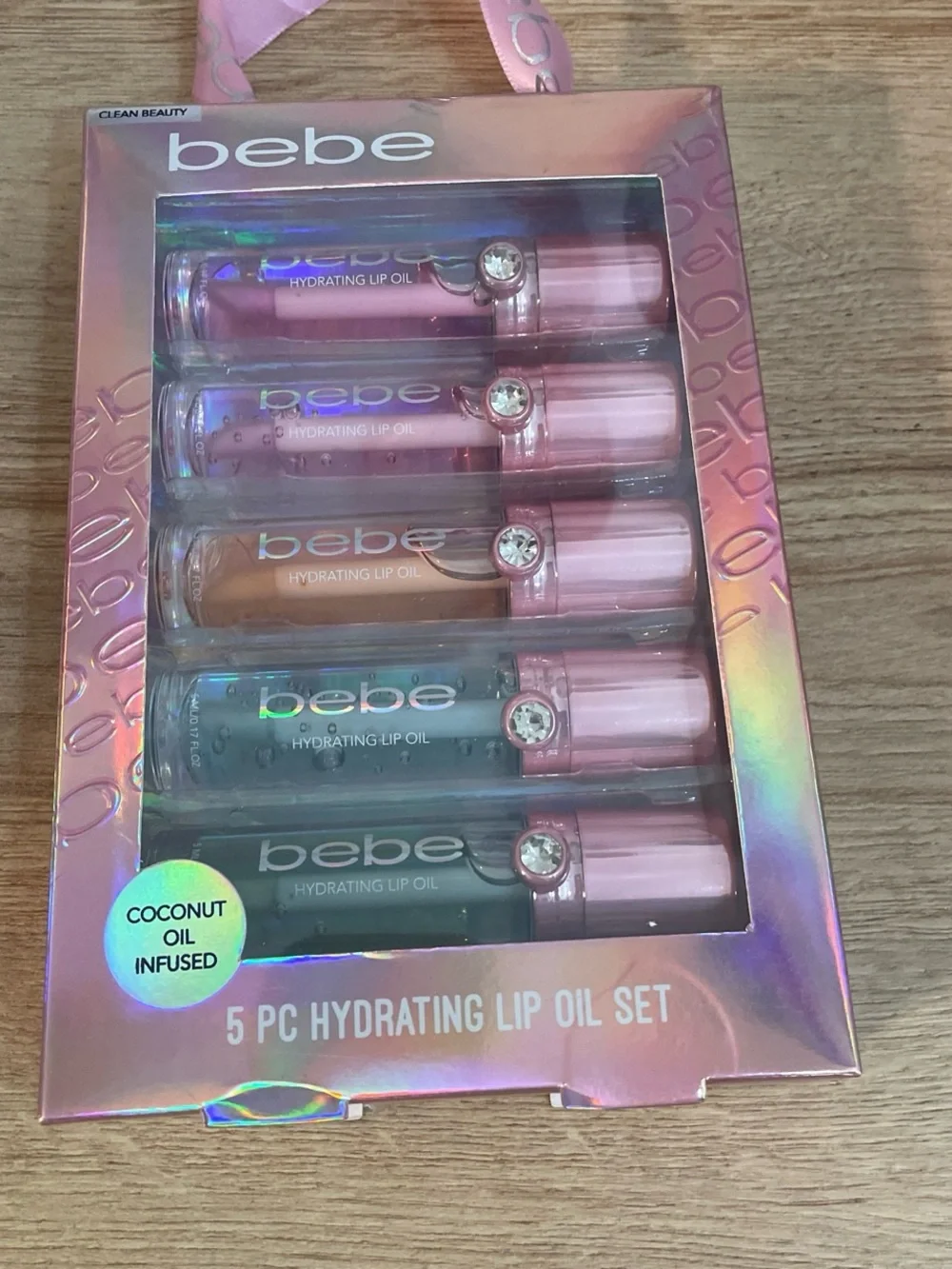 bebe 5-Piece Hydrating Lip Oil Set — Pink, Purple, Peach, Teal, Clear